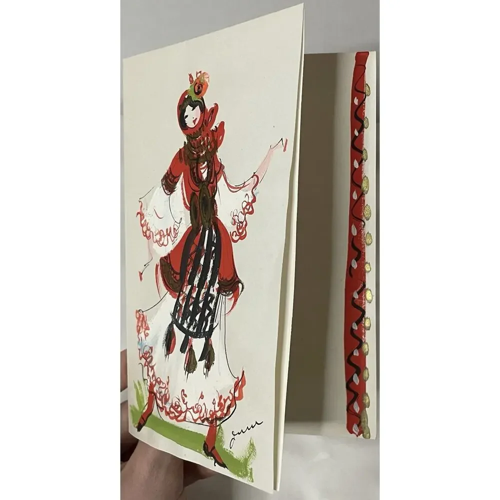 VTG Hand Painted Greeting Card w Envelope Mid Century Woman Red Folk Dress OOAK